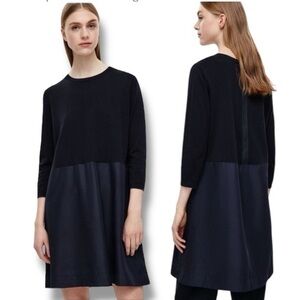 COS NAVY BLUE SATEEN STRETCH COTTON STRAIGHTLINE SHIFT
DRESS SZ S